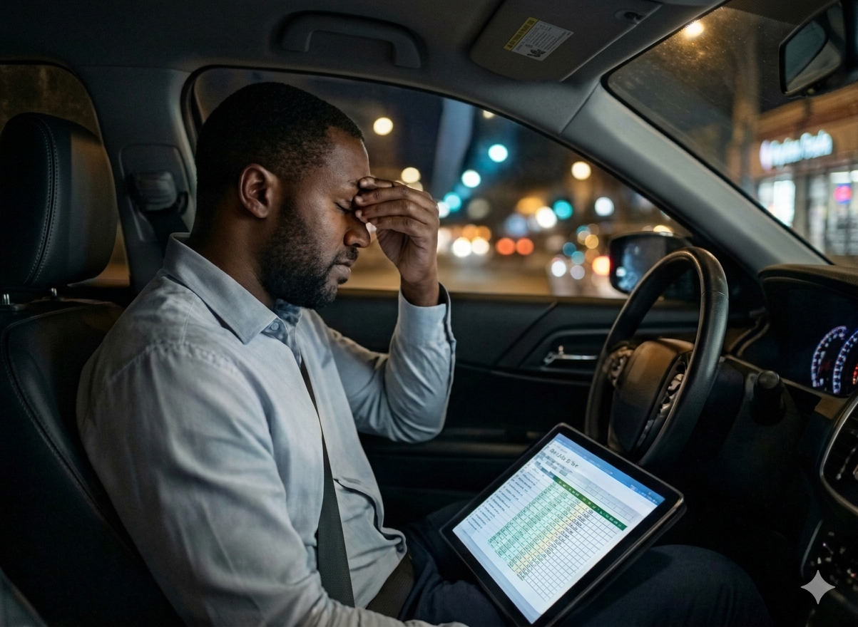Exhausted man in a car looking at a tablet with work data