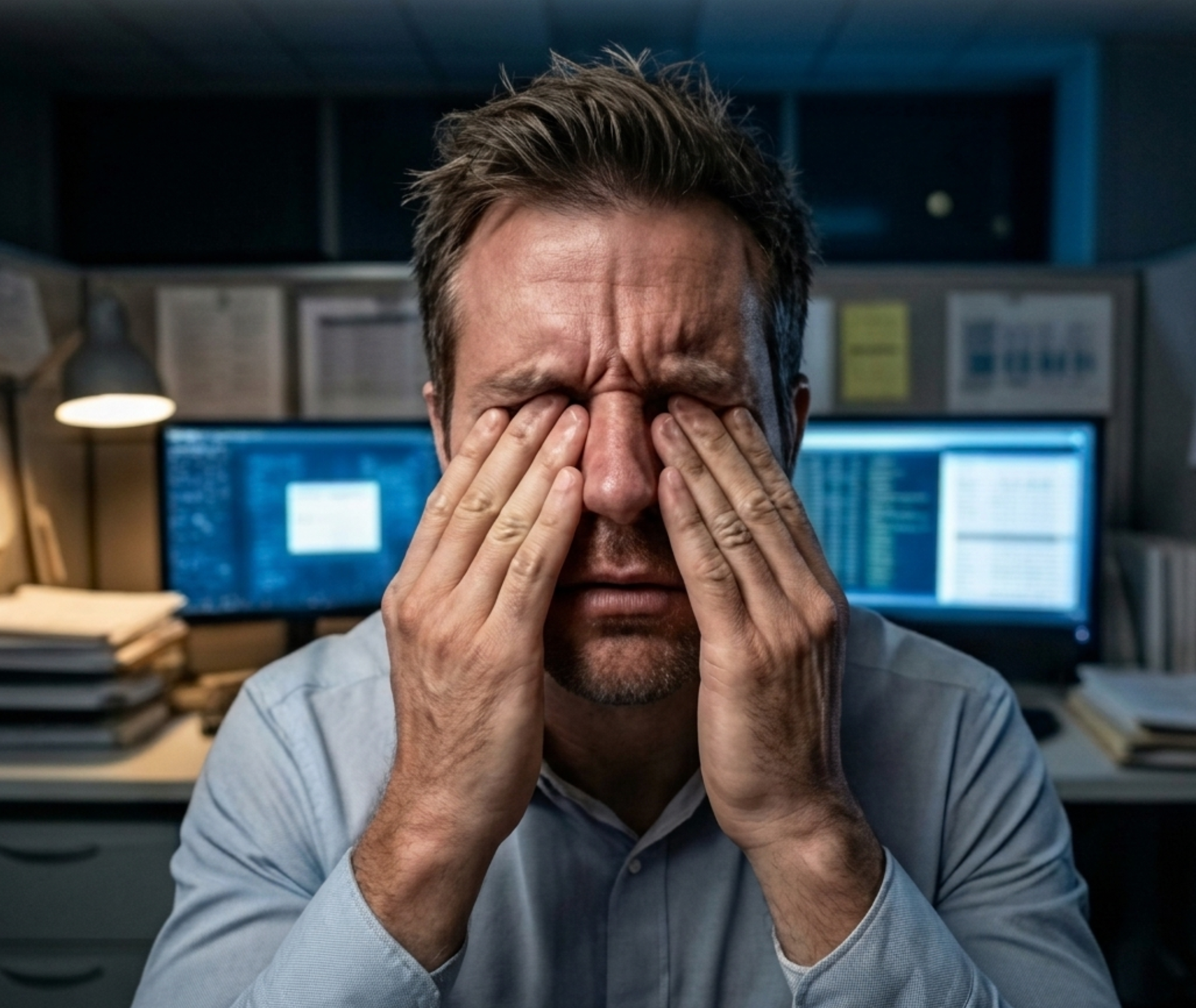 Man covering his eyes from digital overload