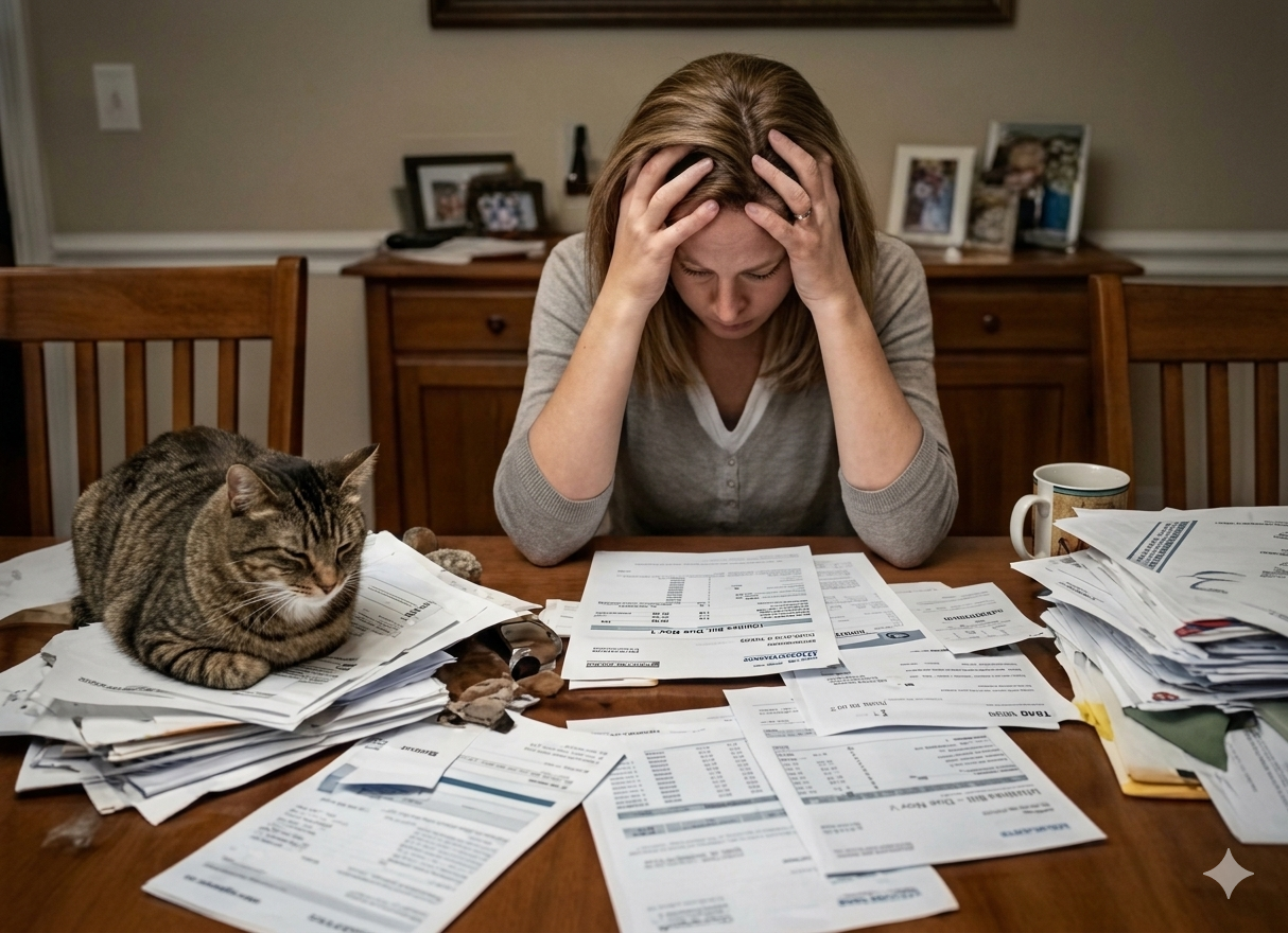 Overwhelmed woman with her hands on her head at a table full of papers
