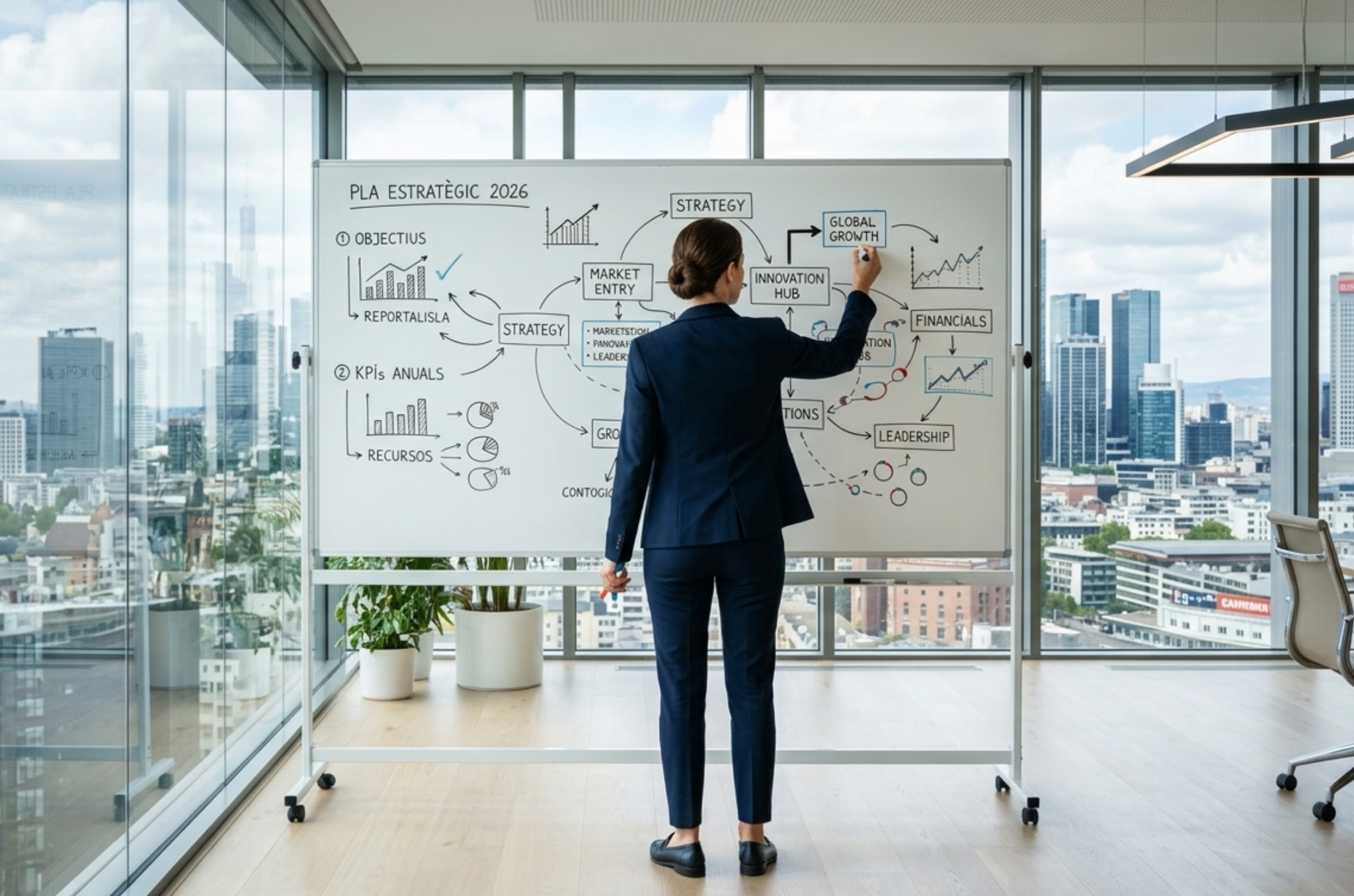 Professional woman writing a strategic framework on a whiteboard