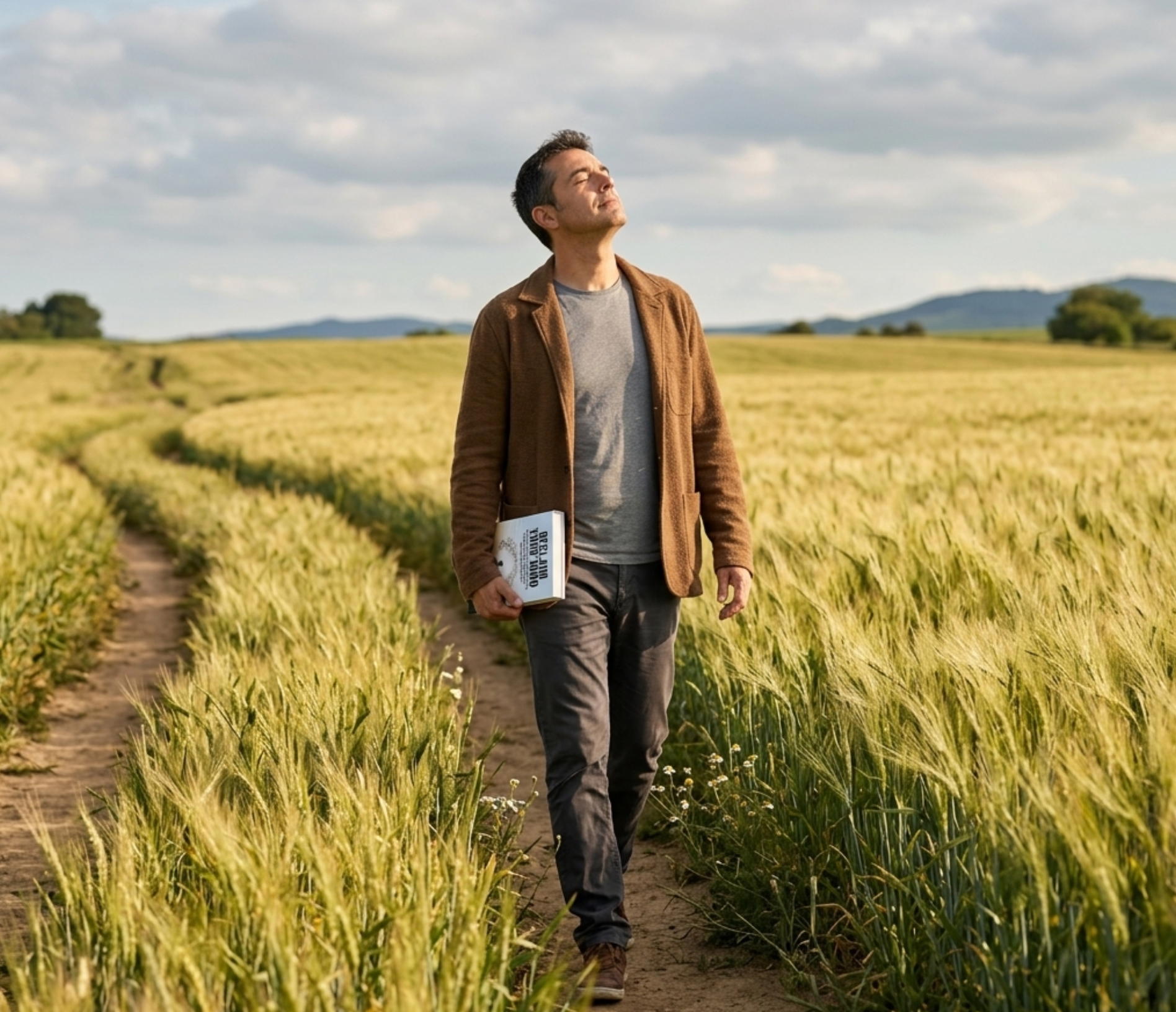 Man walking through a field with a book and breathing calmly
