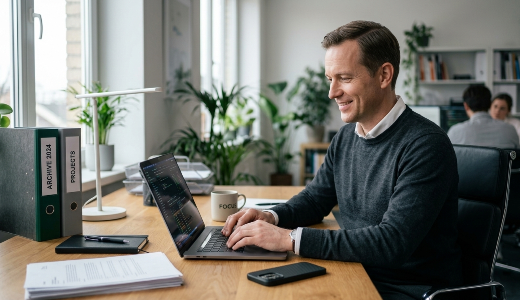 Smiling man working calmly at a laptop in a bright office