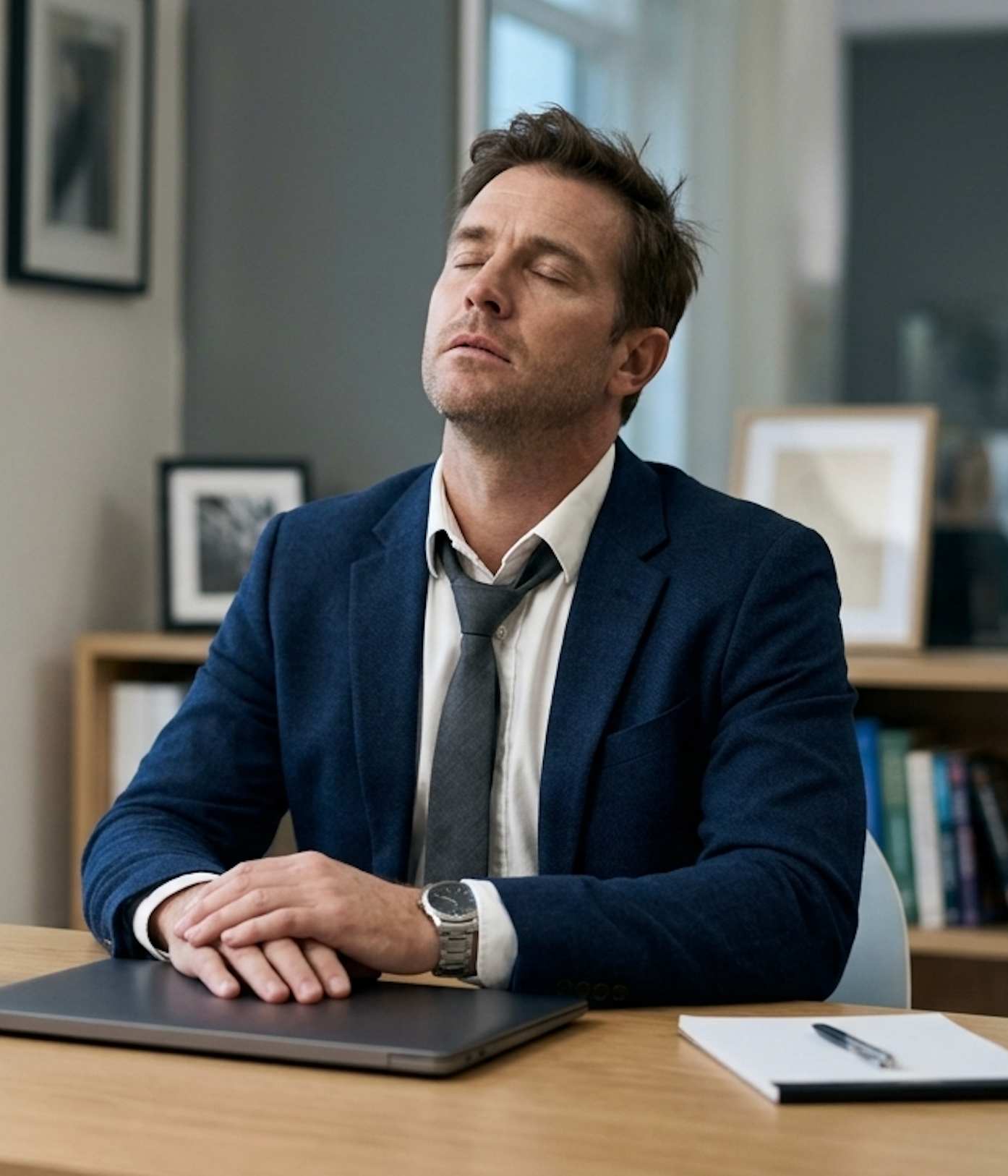 Executive pausing with eyes closed from cognitive overload in a modern office